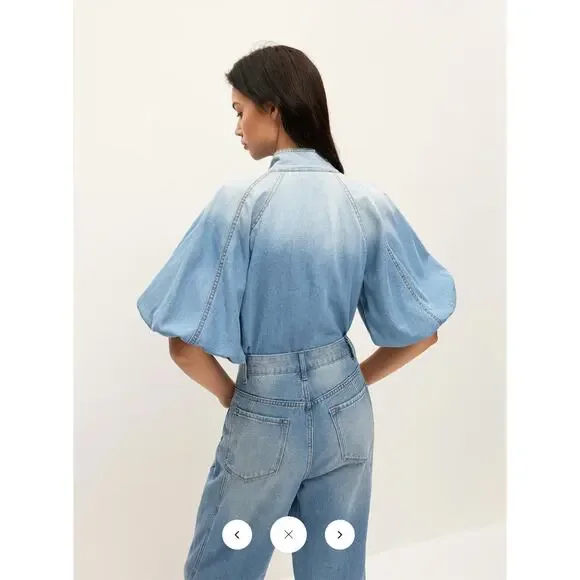 NWT Commense Denim Puff-Sleeve Top With Bow Detail Sz L - Picture 7 of 7